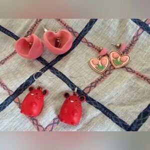 3 pairs of earrings Pink Peach, Heart & Mouse Drop Earrings